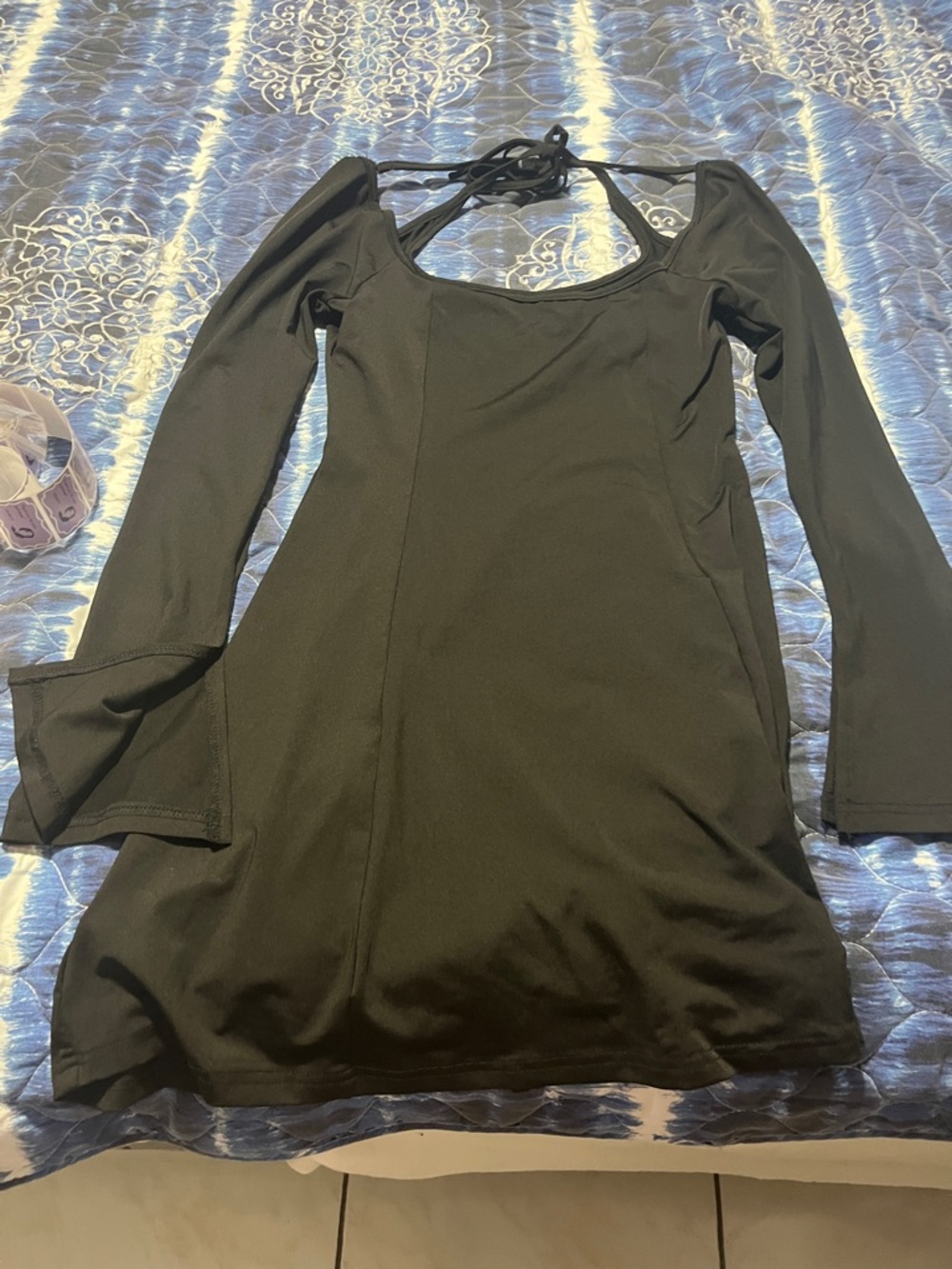 Long-Sleeve Black Tie-Back Dress